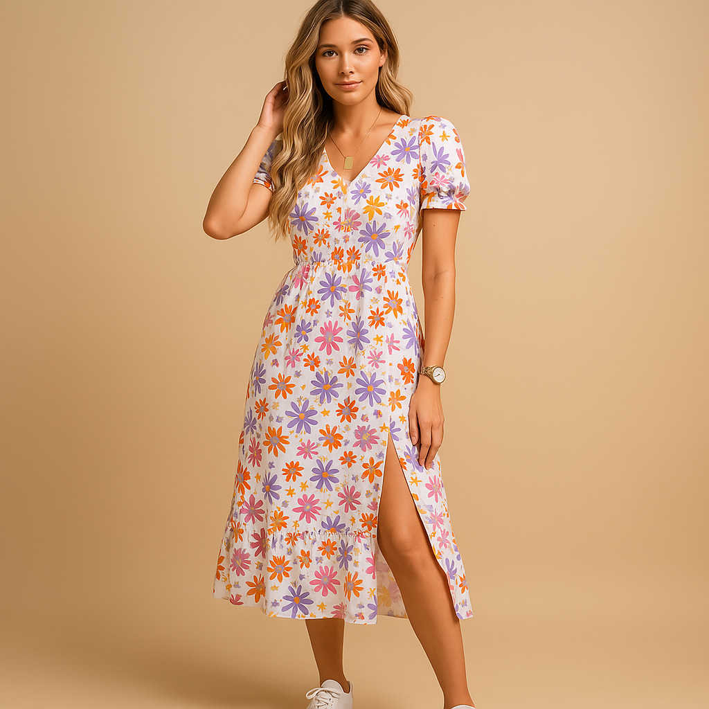 Women’s summer maxi dress with V-neck and slit, lightweight and breathable design, perfect for beach vacations and casual summer days.