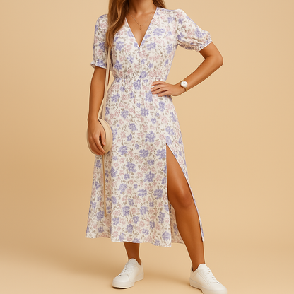 Women’s summer maxi dress with V-neck and slit, lightweight and breathable design, perfect for beach vacations and casual summer days.