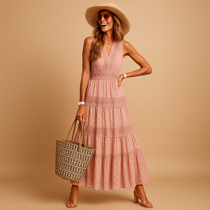 Women’s maxi summer dress with airy flowing fabric and flattering fit, perfect for beach days, summer vacations, parties, and casual warm-weather outfits.