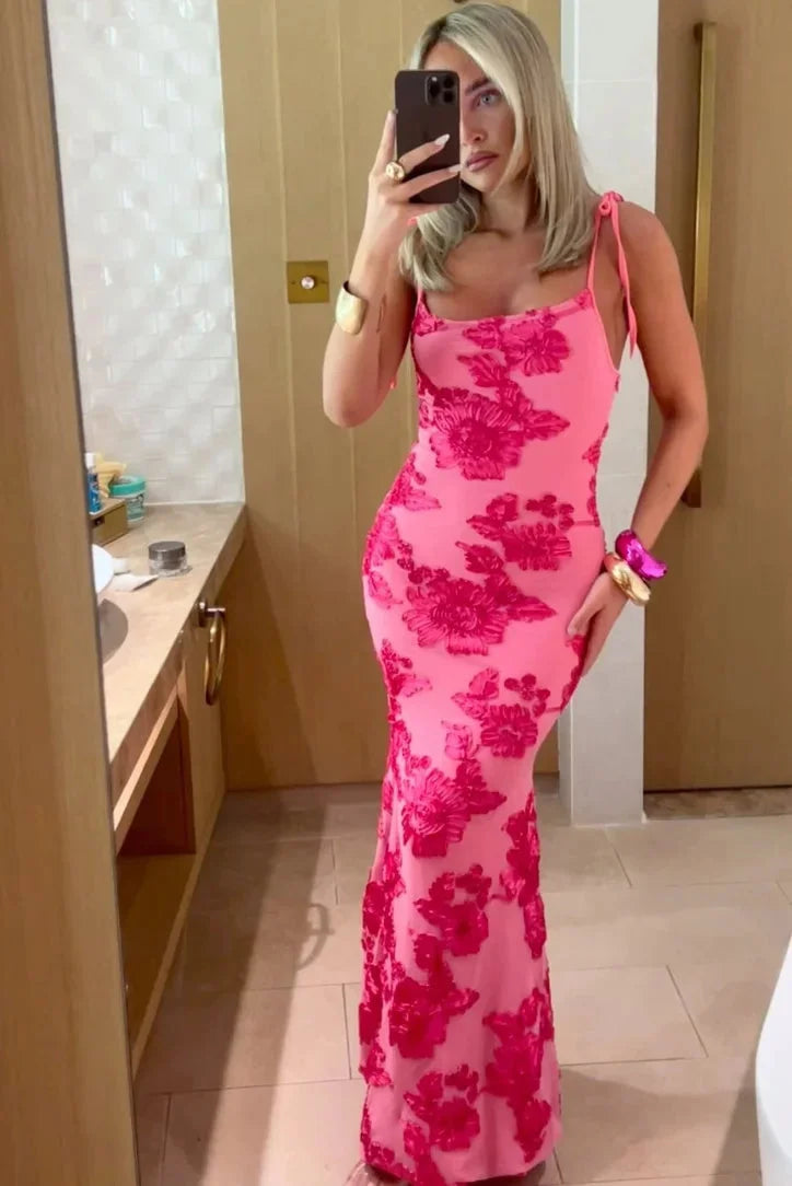 Women's Pink Floral Maxi Dress Shoulder Ties
