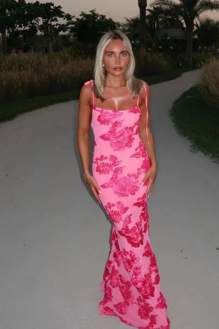 Women's Pink Floral Maxi Dress Shoulder Ties - VibreMode