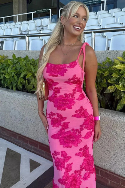 Women's Pink Floral Maxi Dress Shoulder Ties