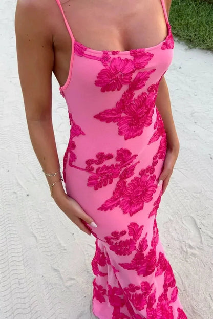 Women's Pink Floral Maxi Dress Shoulder Ties
