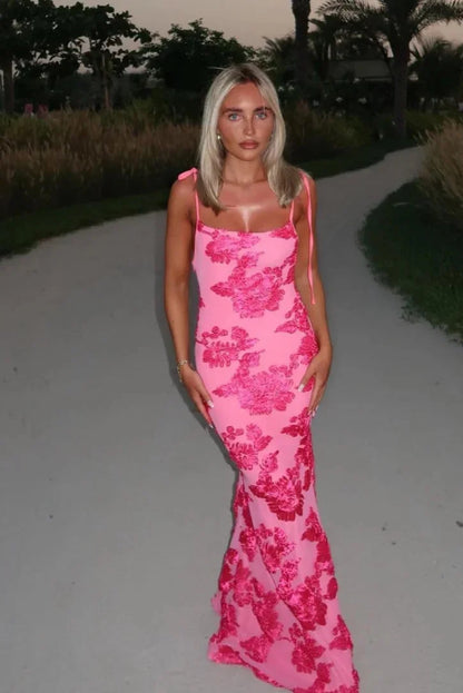 Women's Pink Floral Maxi Dress Shoulder Ties