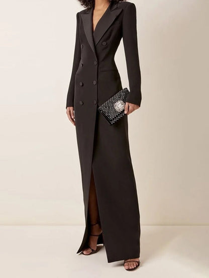 Women's V-Neck Maxi Dress Blazer Style - VibreMode