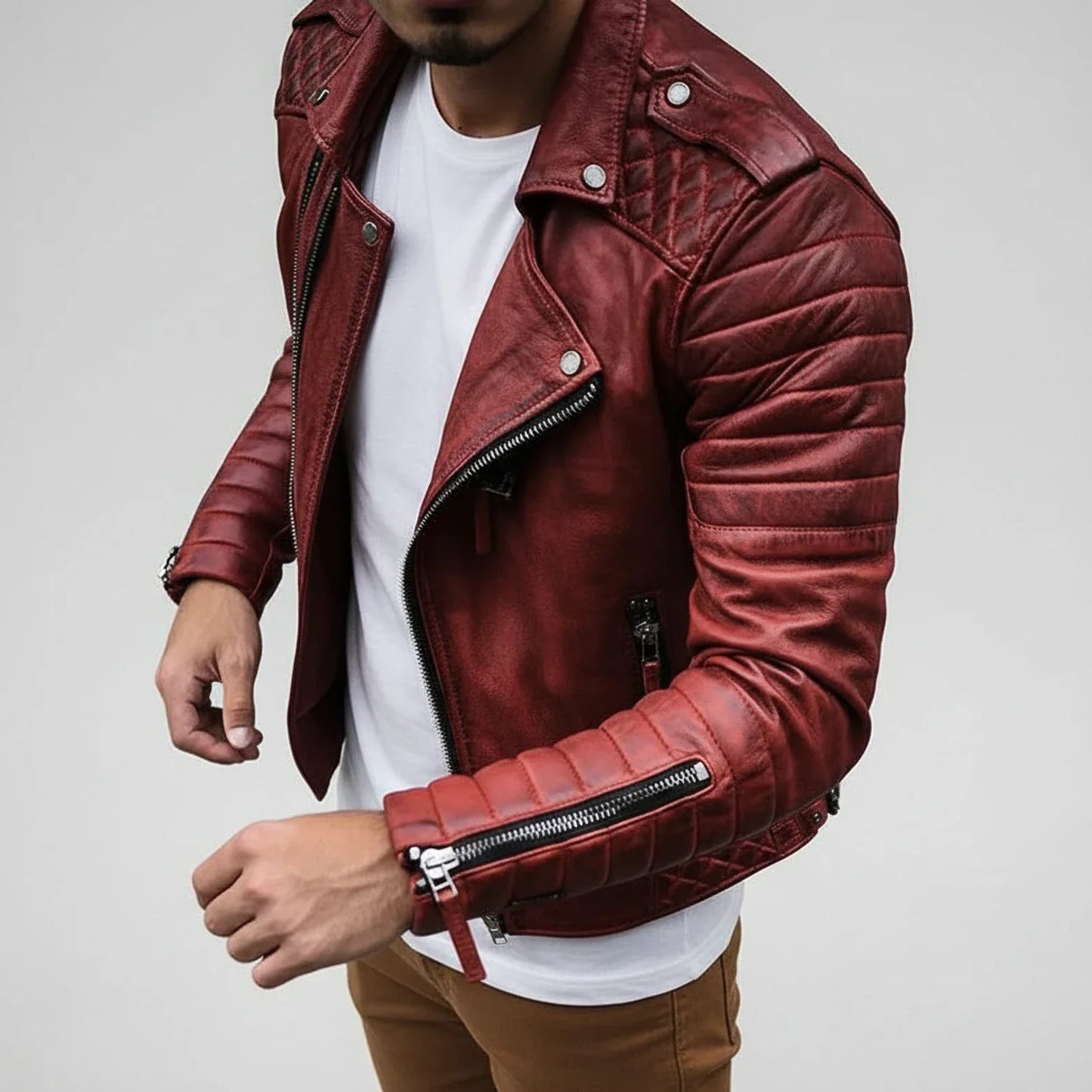 Men's Quilted Biker Leather Jacket - VibreMode