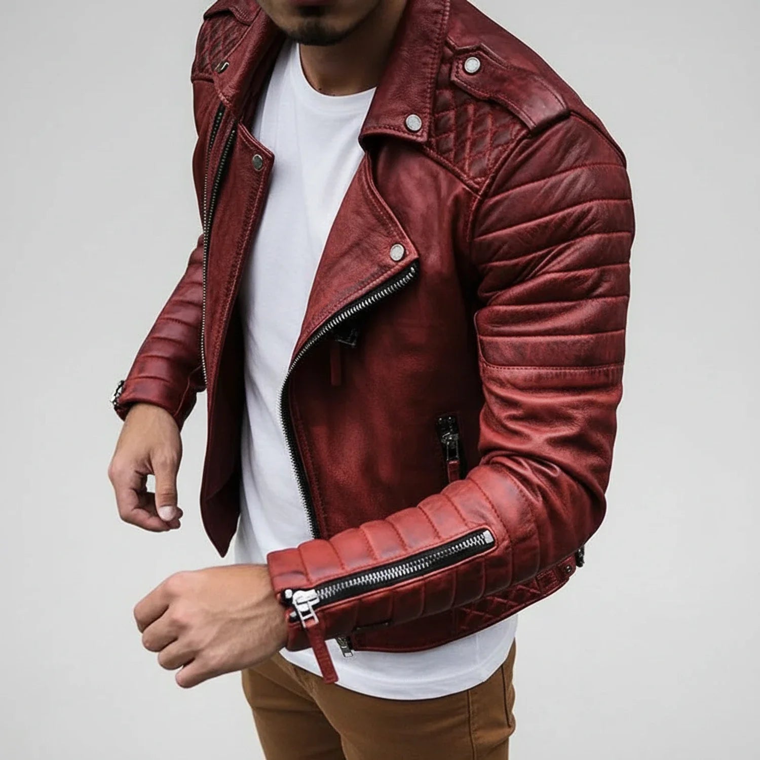 Men's Quilted Biker Leather Jacket - VibreMode
