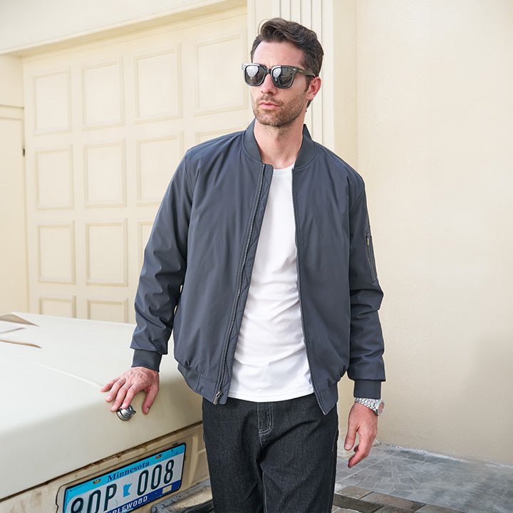 Men's Quilted Bomber Jacket Windproof Nylon Black