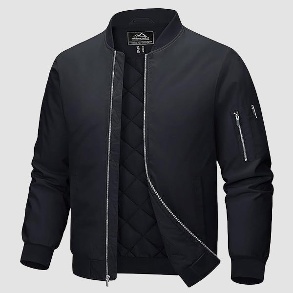 Men's Quilted Bomber Jacket Windproof Nylon Black