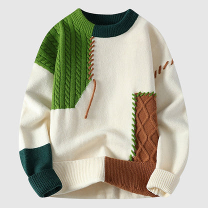 mens-crewneck-knit-sweater-with-patchwork-panels-and-cable-stitching-2