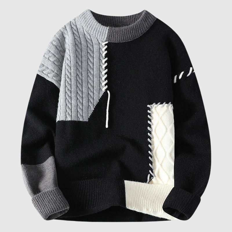 mens-crewneck-knit-sweater-with-patchwork-panels-and-cable-stitching-3