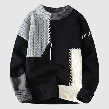 mens-crewneck-knit-sweater-with-patchwork-panels-and-cable-stitching-3