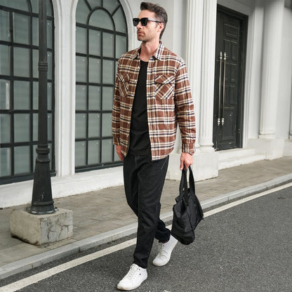 Men's Flannel Shirt Jacket Fleece Lined Cotton Warm Beige