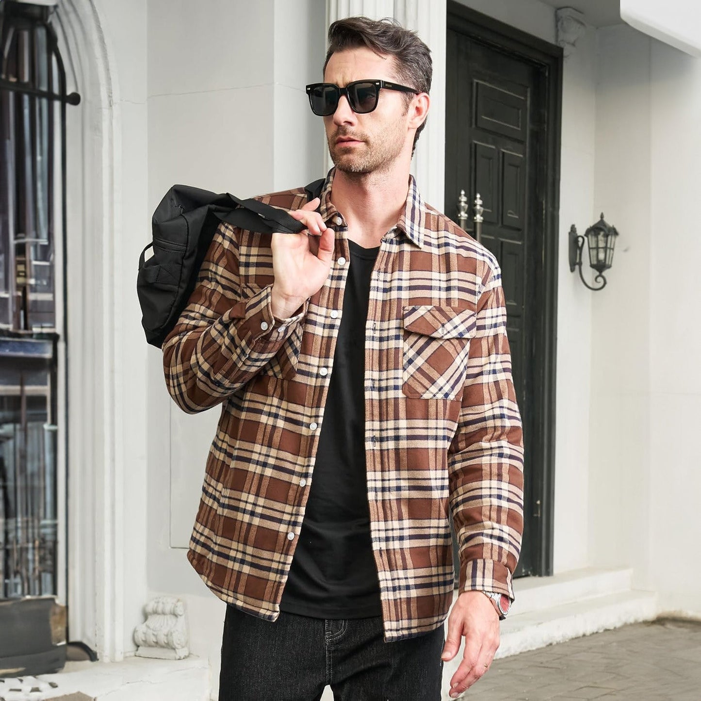 Men's Flannel Shirt Jacket Fleece Lined Cotton Warm Beige