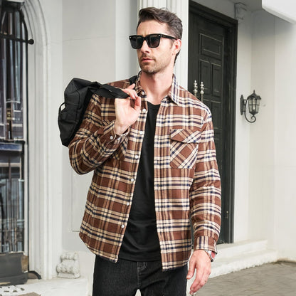 Men's Flannel Shirt Jacket Fleece Lined Cotton Warm Beige