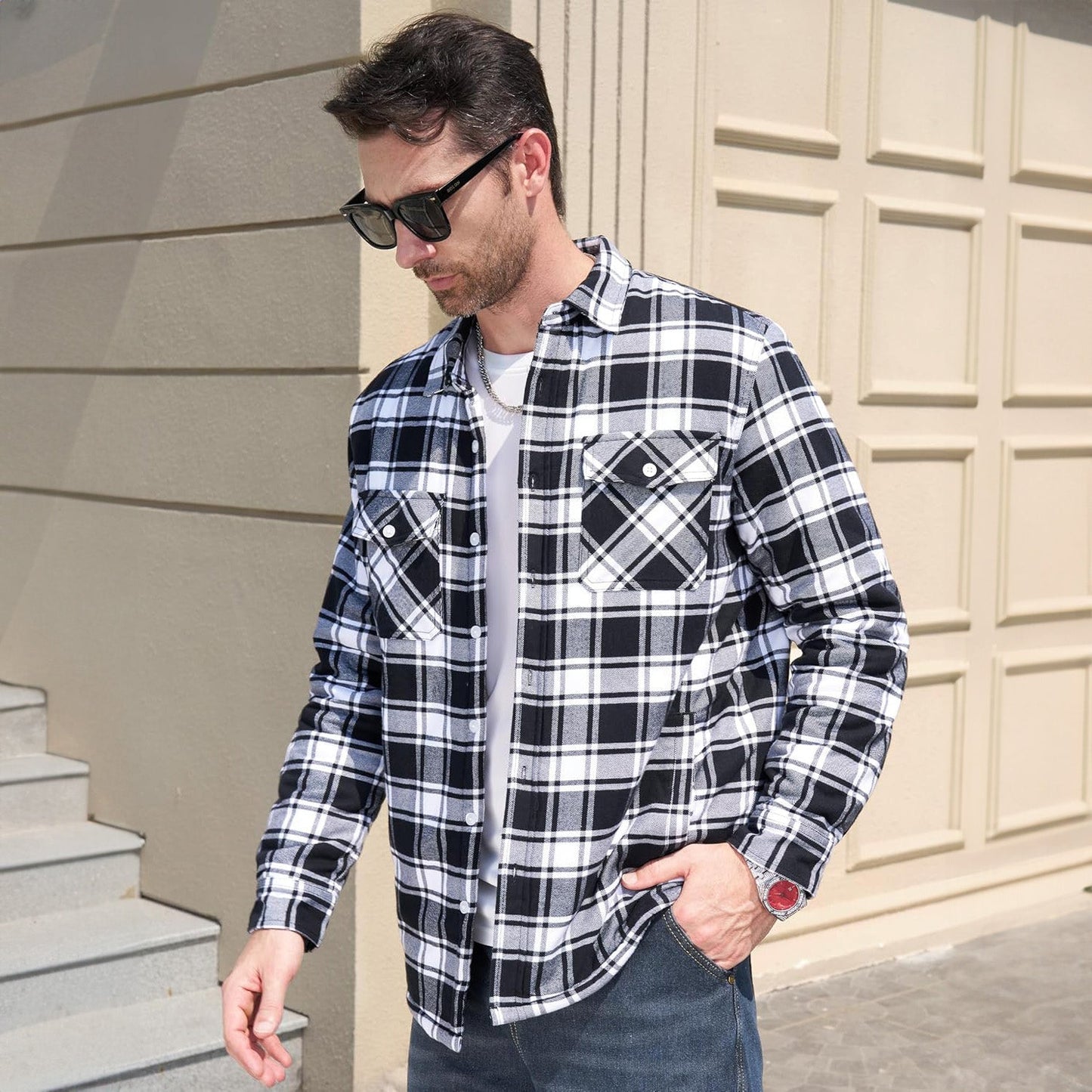 Men's Flannel Shirt Jacket Fleece Lined Cotton Warm Beige