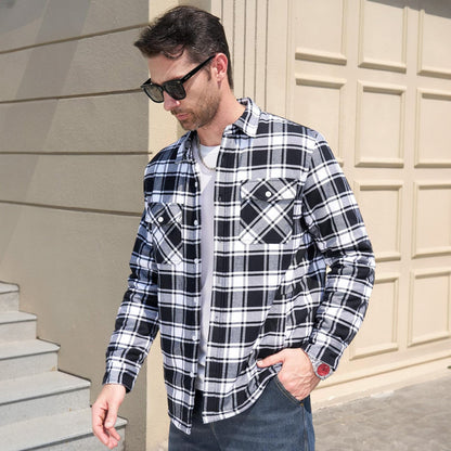 Men's Flannel Shirt Jacket Fleece Lined Cotton Warm Beige