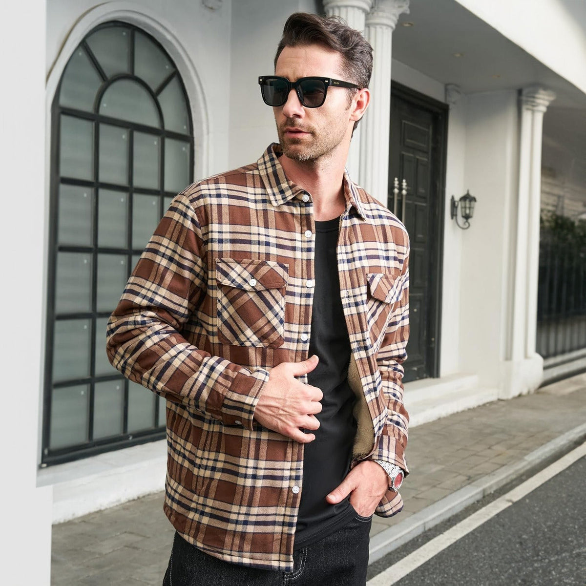 Men's Flannel Shirt Jacket Fleece Lined Cotton Warm Beige