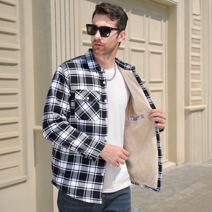 Men's Flannel Shirt Jacket Fleece Lined Cotton Warm Beige