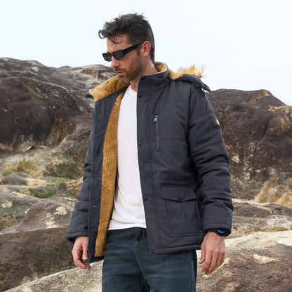 Men's Fleece-Lined Parka Jacket Warm Puffer Black