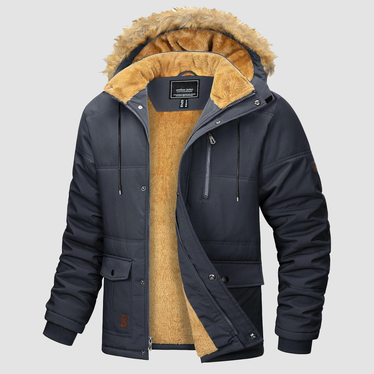 Men's Fleece-Lined Parka Jacket Warm Puffer Black