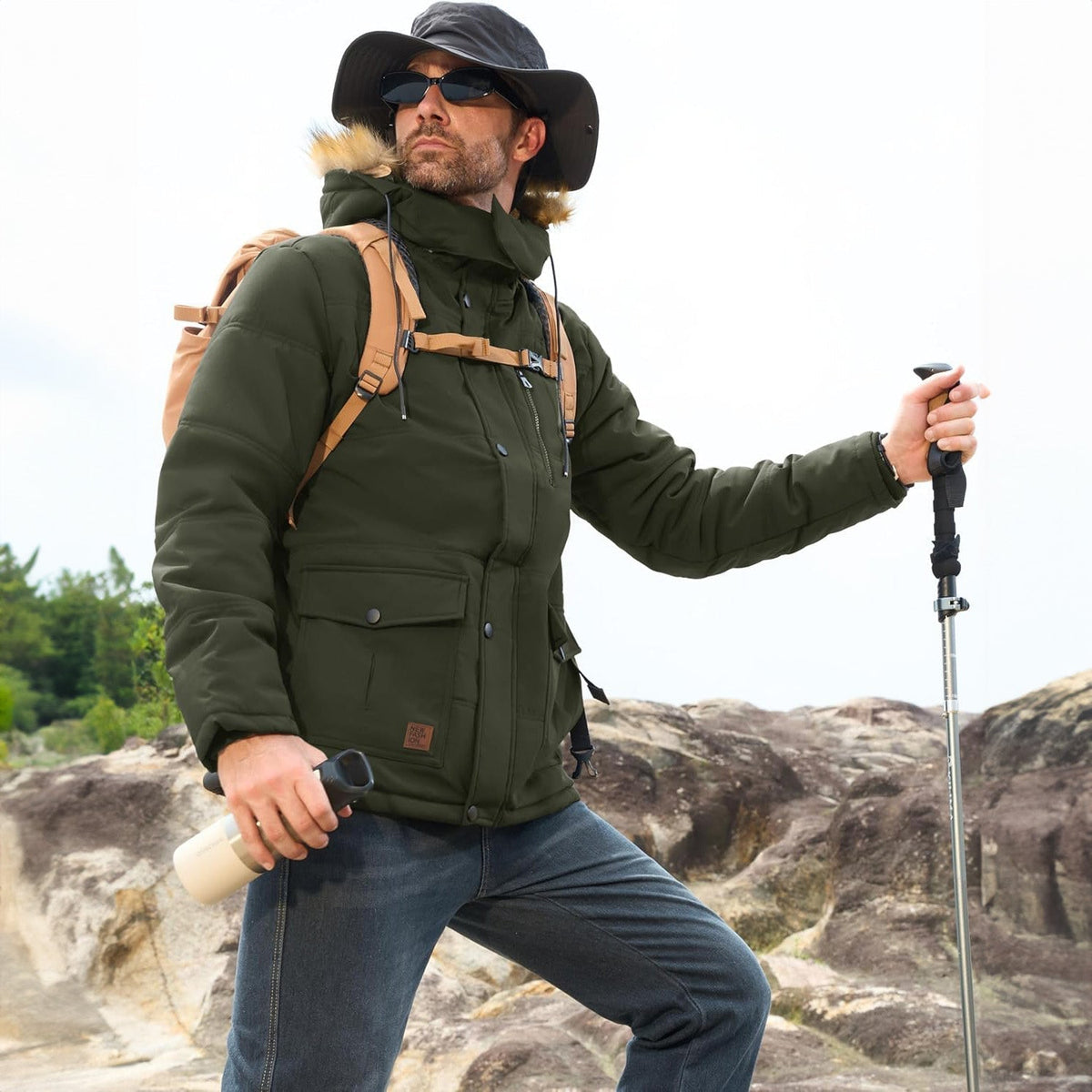 Men's Fleece-Lined Parka Jacket Warm Puffer Black