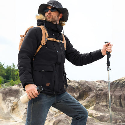 Men's Fleece-Lined Parka Jacket Warm Puffer Black