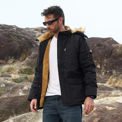 Men's Fleece-Lined Parka Jacket Warm Puffer Black