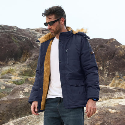 Men's Fleece-Lined Parka Jacket Warm Puffer Black
