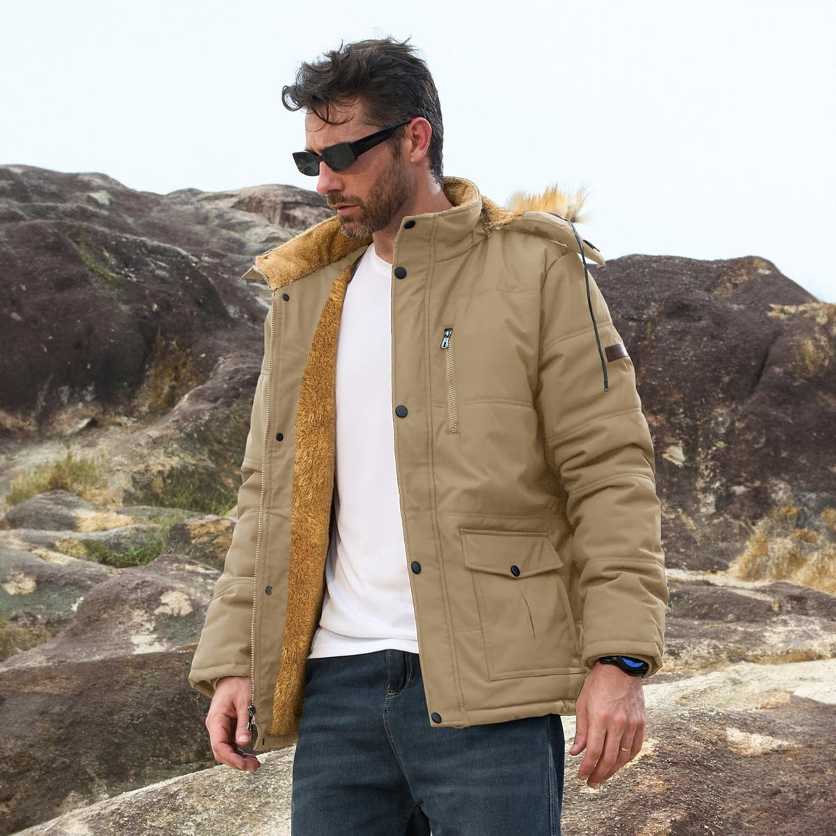 Men's Fleece-Lined Parka Jacket Warm Puffer Black