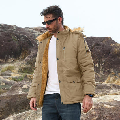 Men's Fleece-Lined Parka Jacket Warm Puffer Black