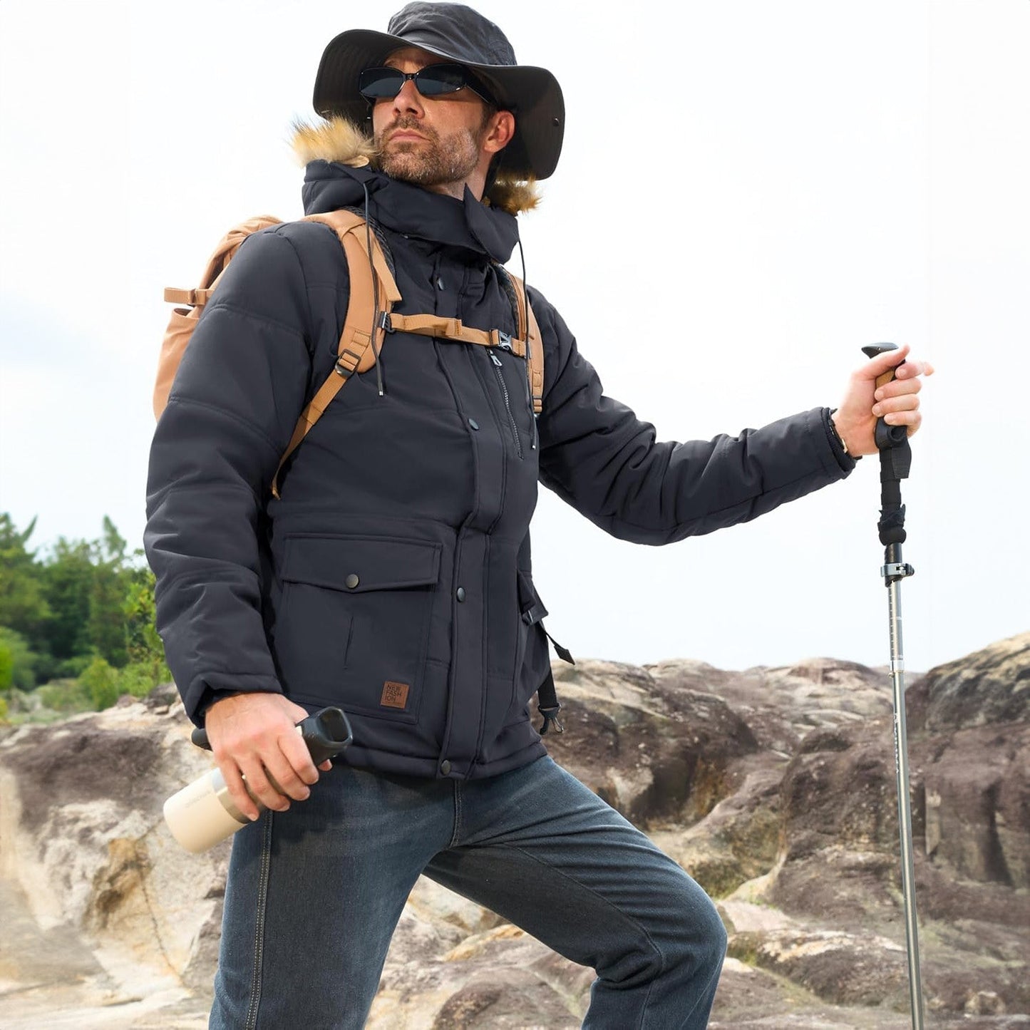 Men's Fleece-Lined Parka Jacket Warm Puffer Black