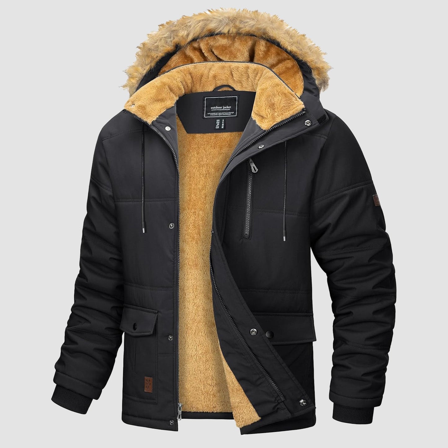 Men's Fleece-Lined Parka Jacket Warm Puffer Black