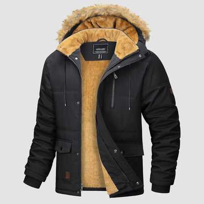 Men's Fleece-Lined Parka Jacket Warm Puffer Black