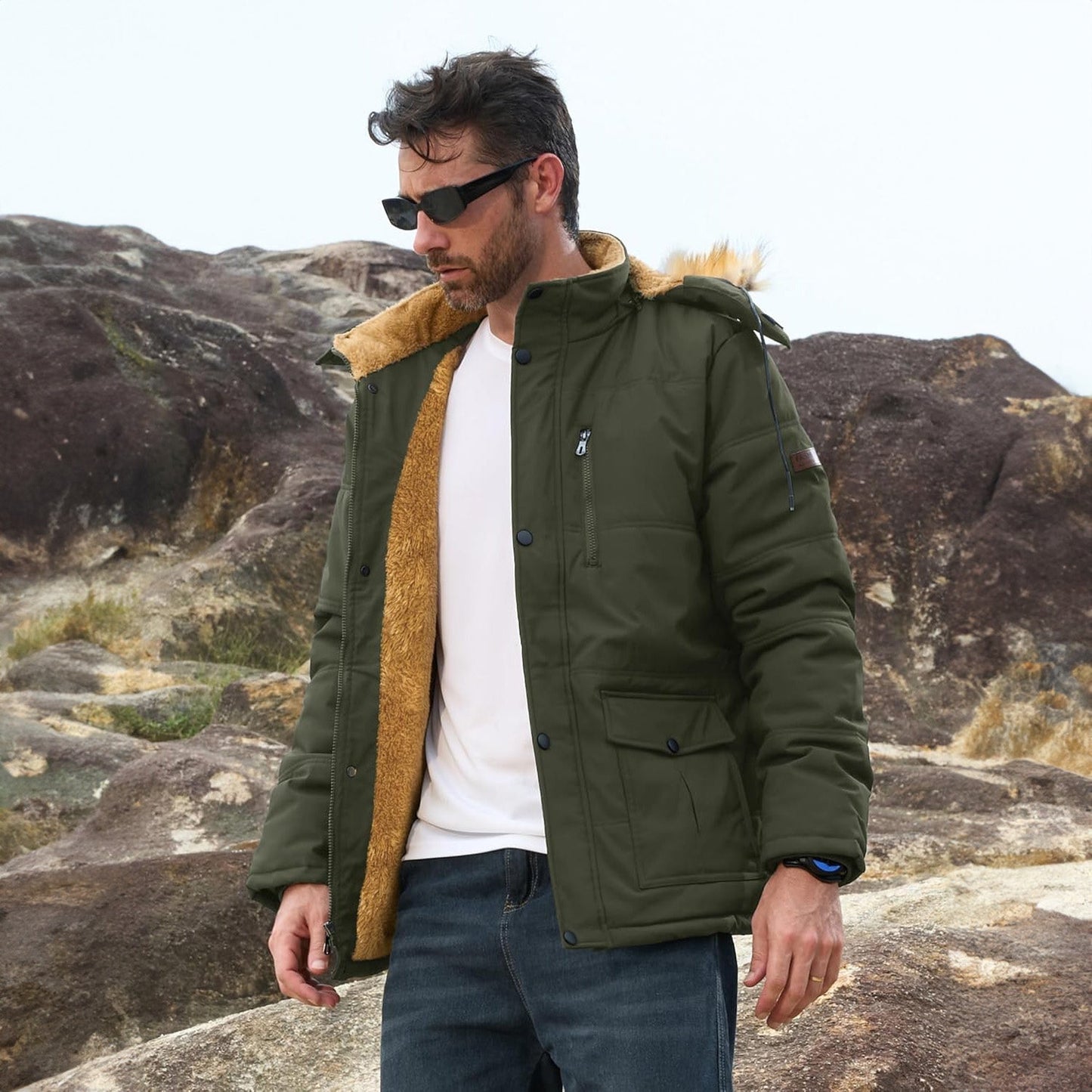 Men's Fleece-Lined Parka Jacket Warm Puffer Black