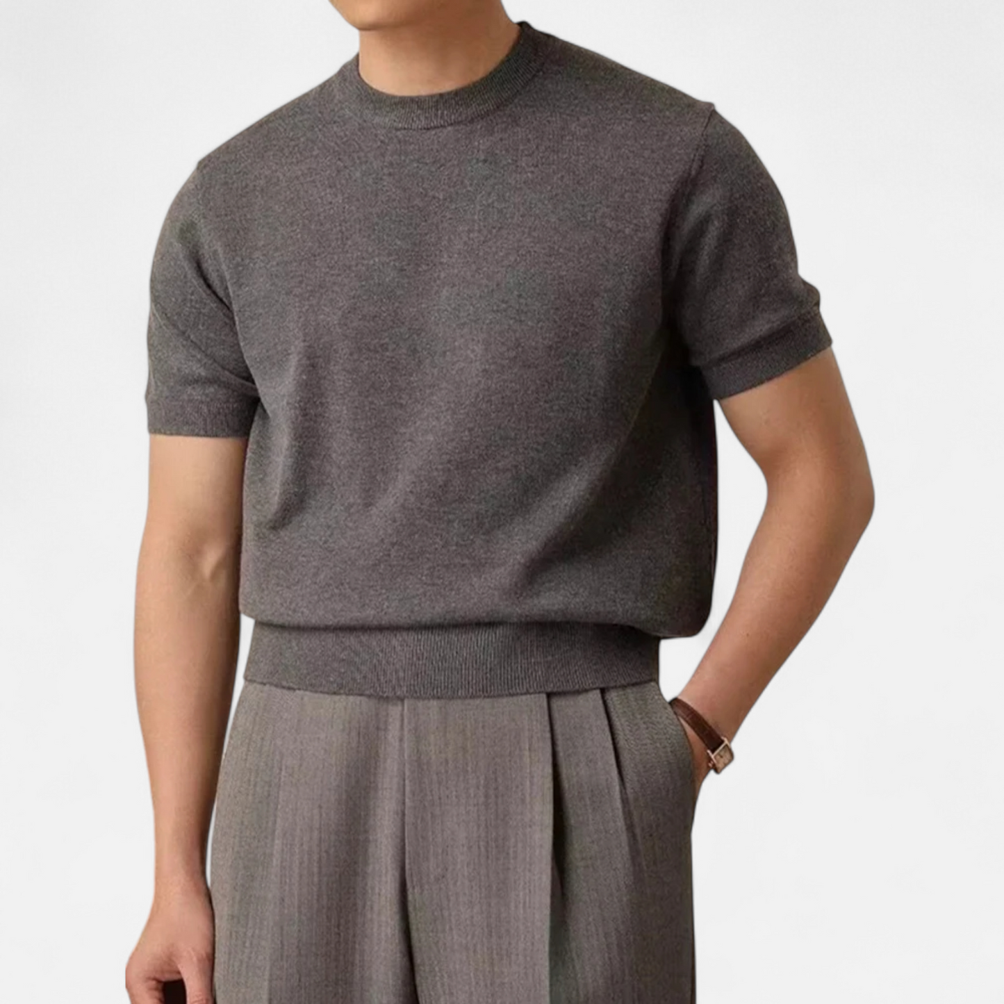 Men's Knit Crew Neck T-Shirt Ribbed Hem - VibreMode