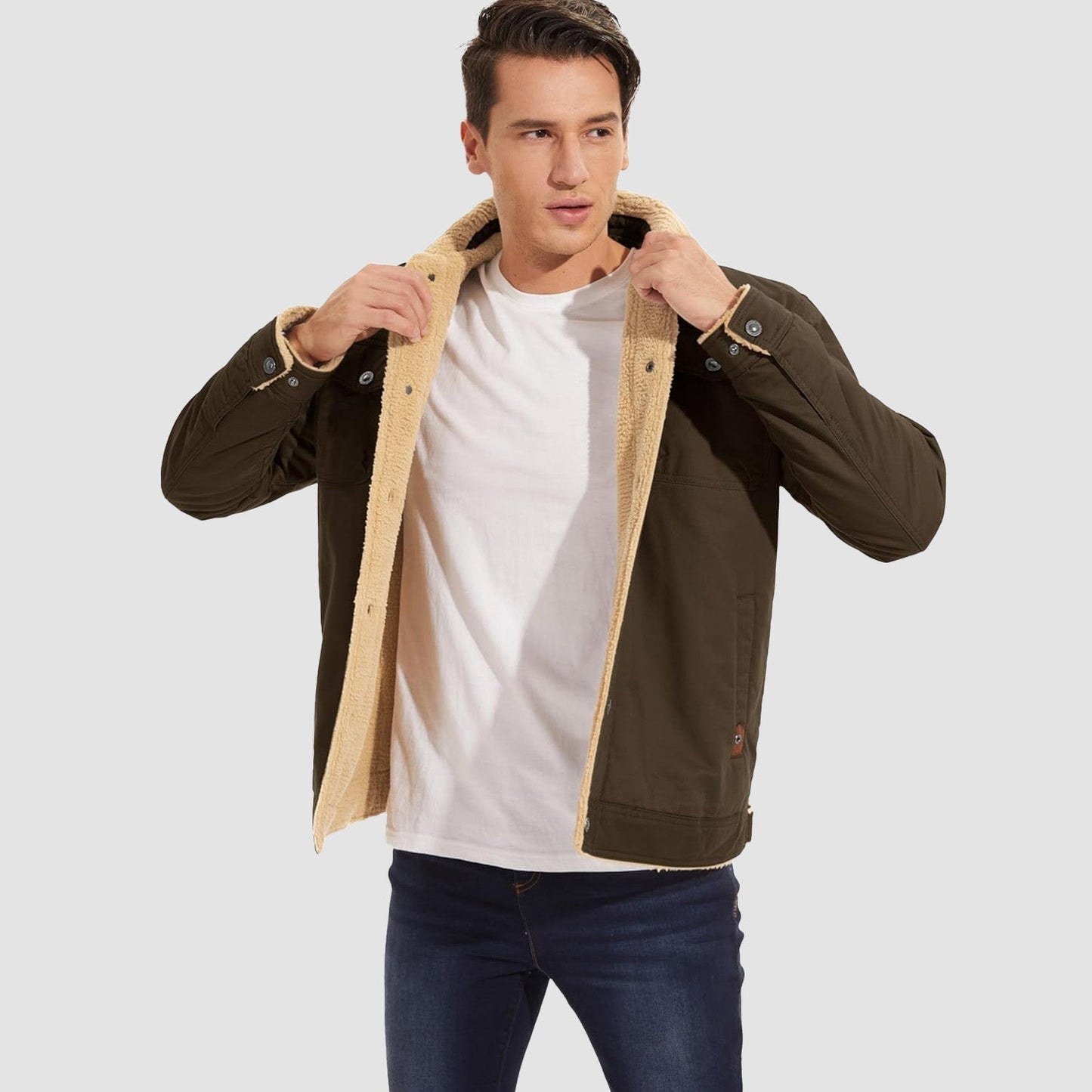 Men's Sherpa Lined Jacket Multiple Pockets Warm Brown