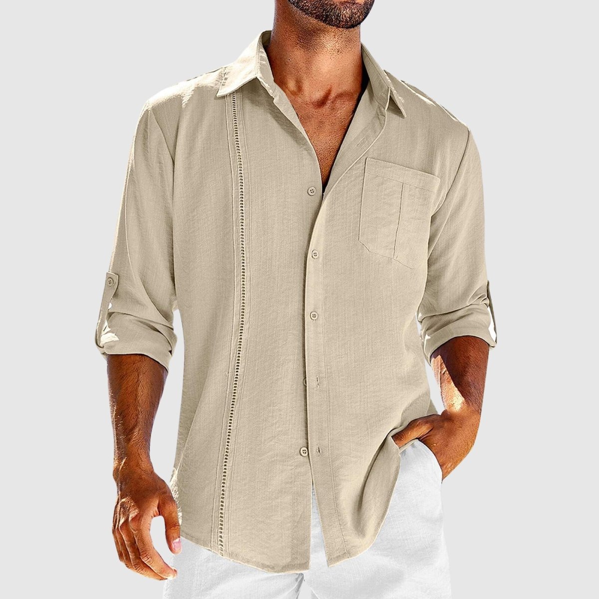 Men's Linen Shirt Roll-Tab Sleeves Embroidered Beige - VibreMode