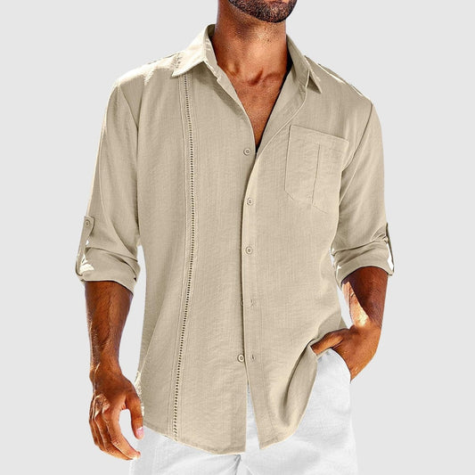 Men's Linen Shirt Roll-Tab Sleeves Embroidered Beige - VibreMode