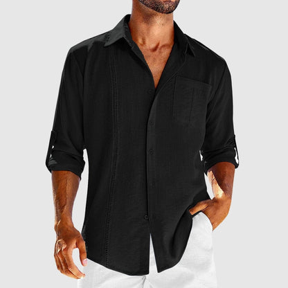 mens-linen-button-front-shirt-with-roll-tab-sleeves-and-embroidered-panel-2
