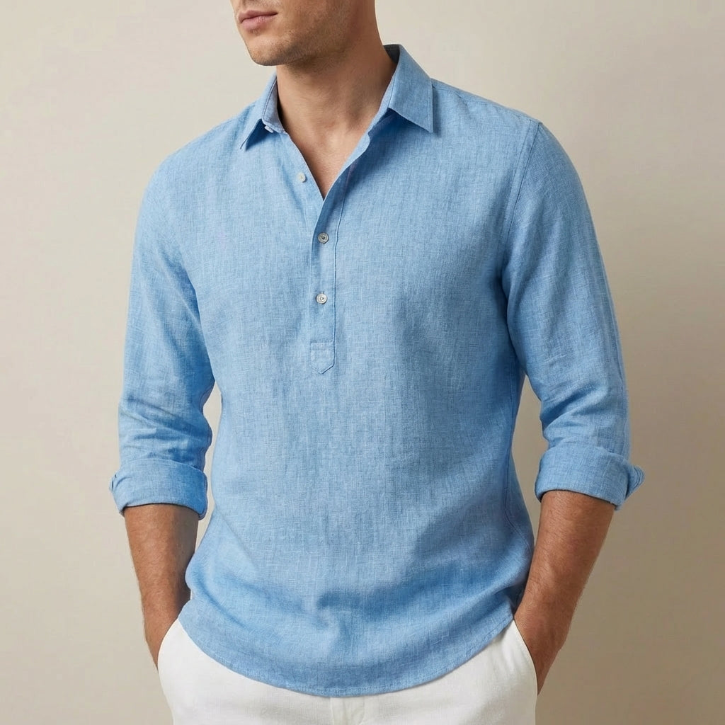 Men's Linen Henley Shirt Spread Collar Button Front - VibreMode