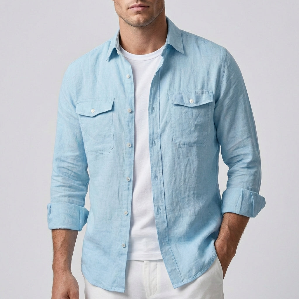 Men's Linen Shirt Button Front Chest Pockets - VibreMode