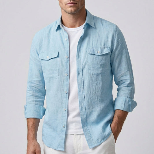 Men's Linen Shirt Button Front Chest Pockets - VibreMode