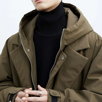 Men's Waterproof Puffer Trench Coat With Hood Black
