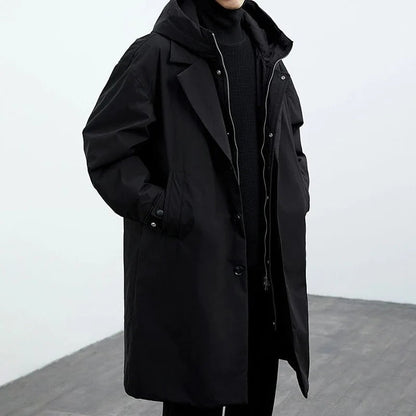 Men's Waterproof Puffer Trench Coat With Hood Black