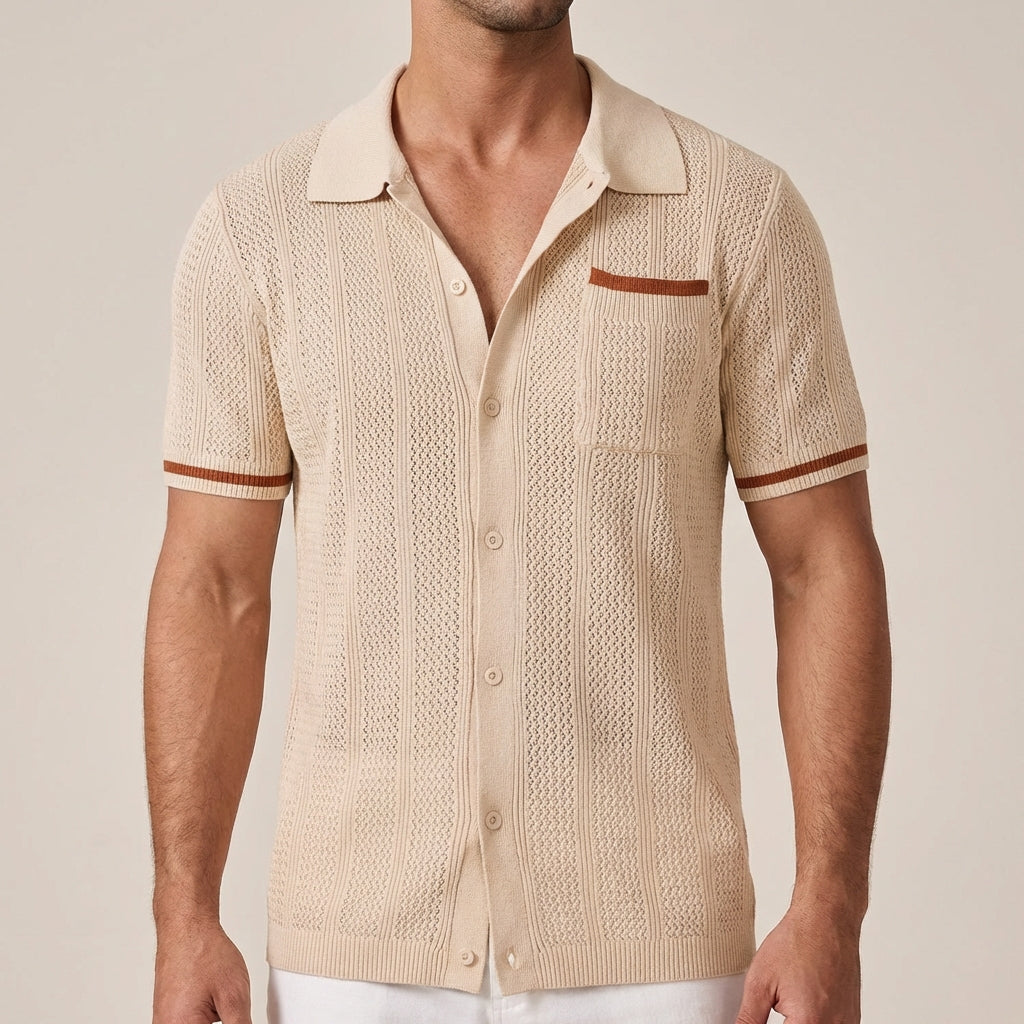 Men's Polo Shirt Open-Knit Camp Collar Button Front - VibreMode