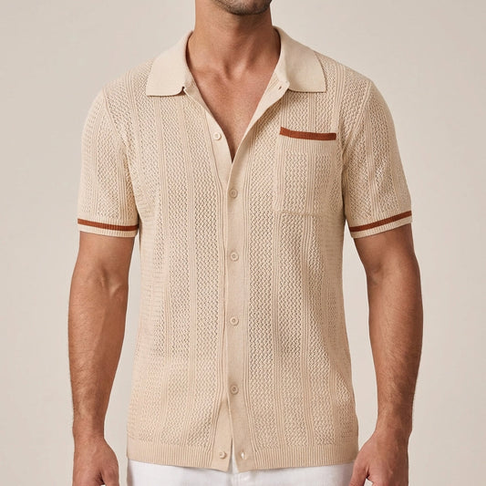 Men's Polo Shirt Open-Knit Camp Collar Button Front - VibreMode
