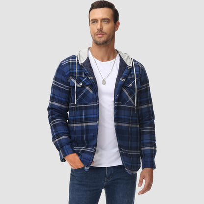 Men's Quilted Flannel Jacket With Hood Warm