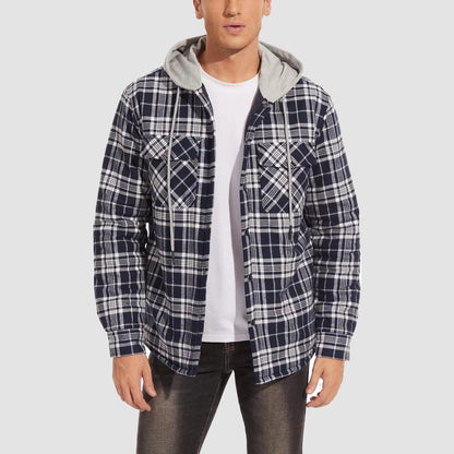 Men's Quilted Flannel Jacket With Hood Warm