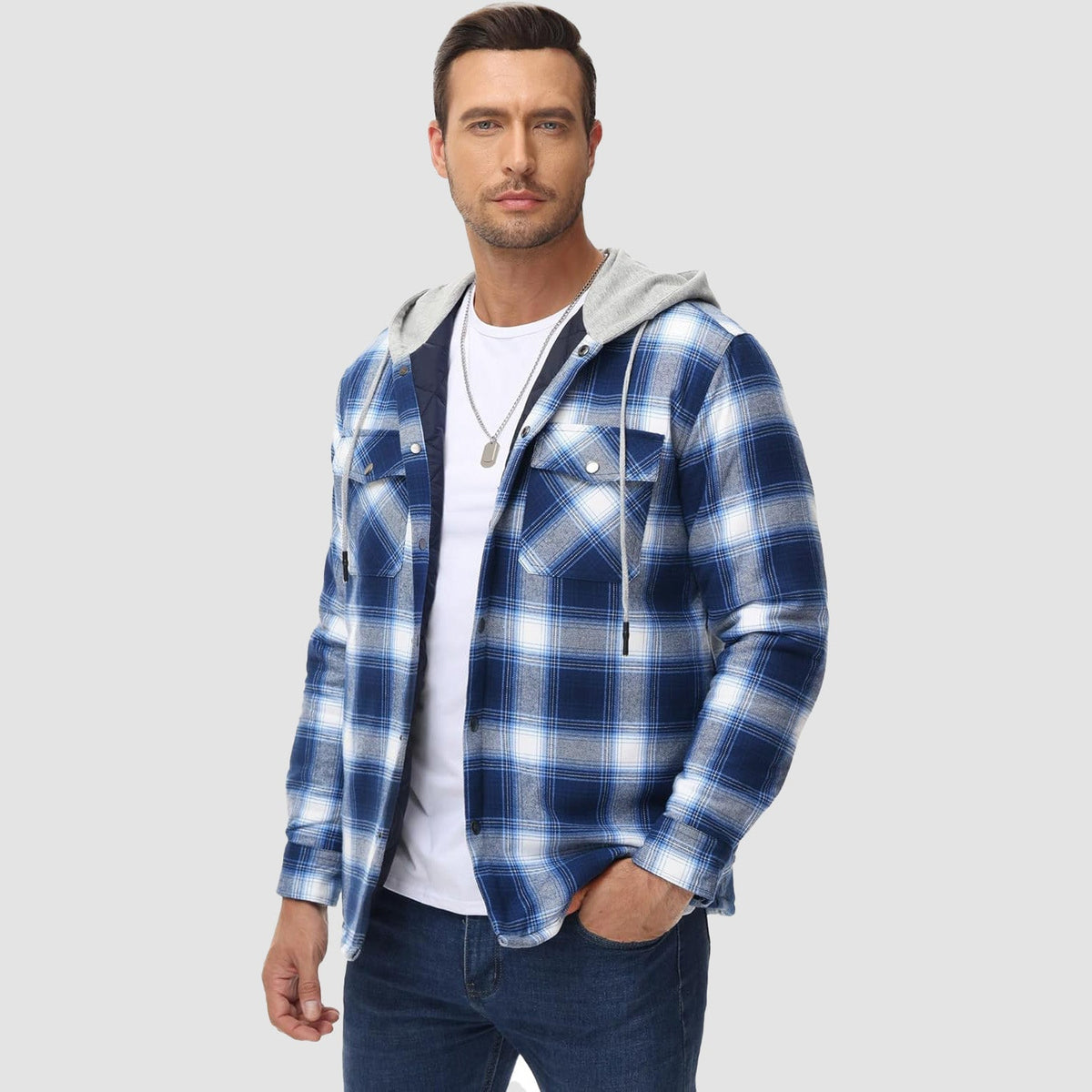 Men's Quilted Flannel Jacket With Hood Warm
